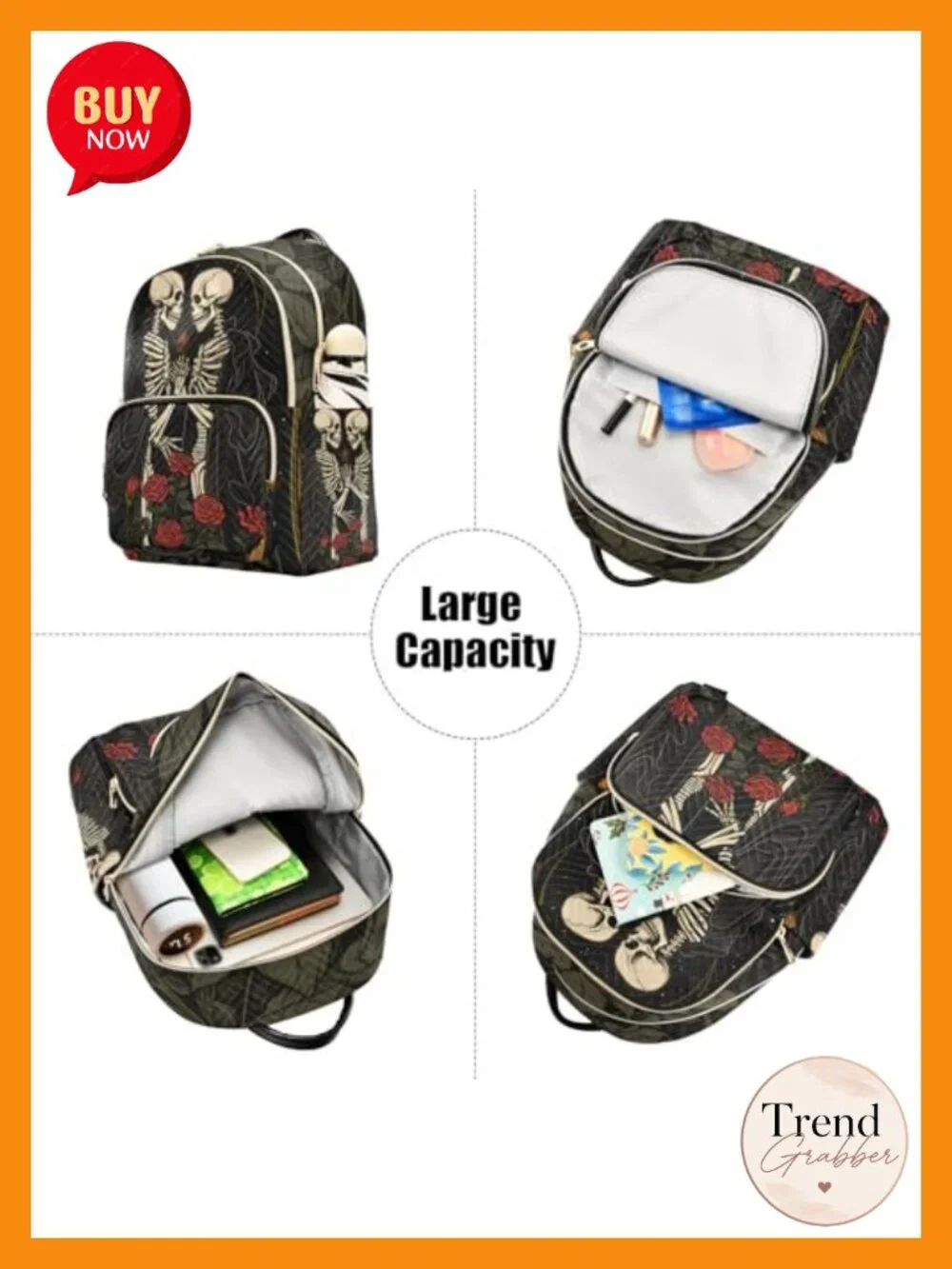 Skull in Love Women's Quilted Nylon Backpack Purse with Rose Print, Anti-Theft